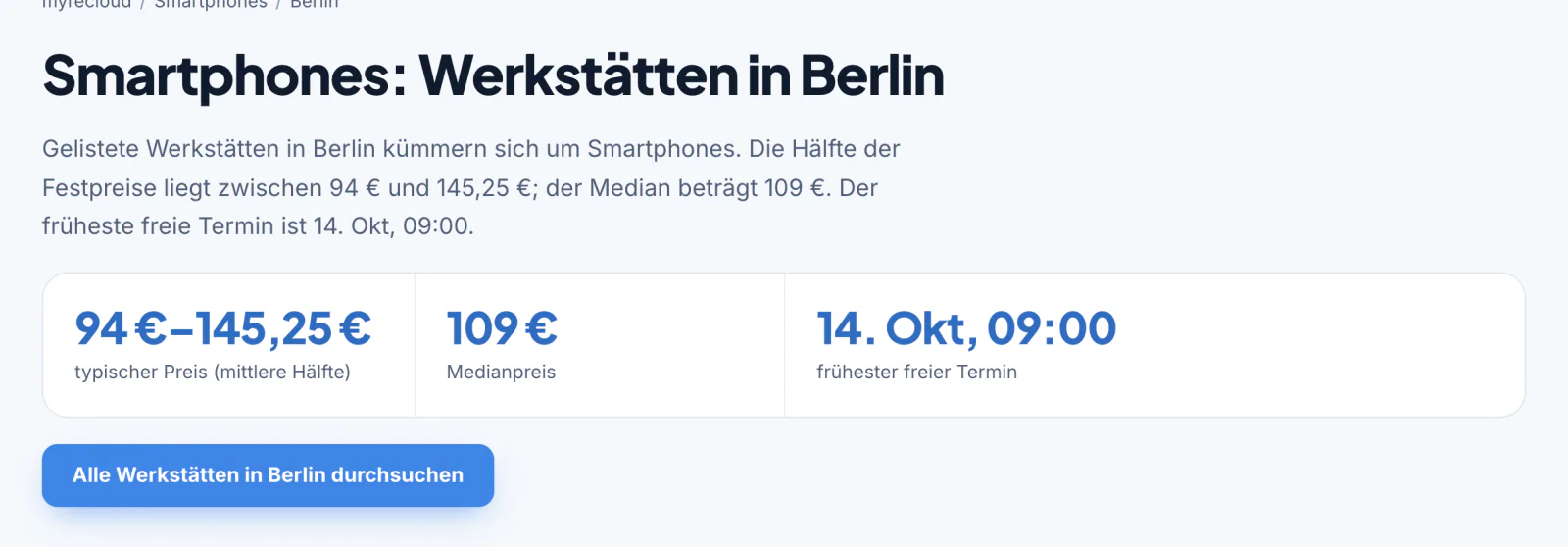 Stadtseite mit Preisspanne, Medianpreis und frühestem freiem Termin