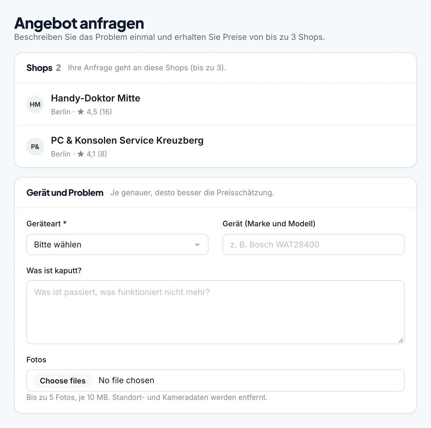 Angebotsanfrage an bis zu drei Werkstätten mit Fotos