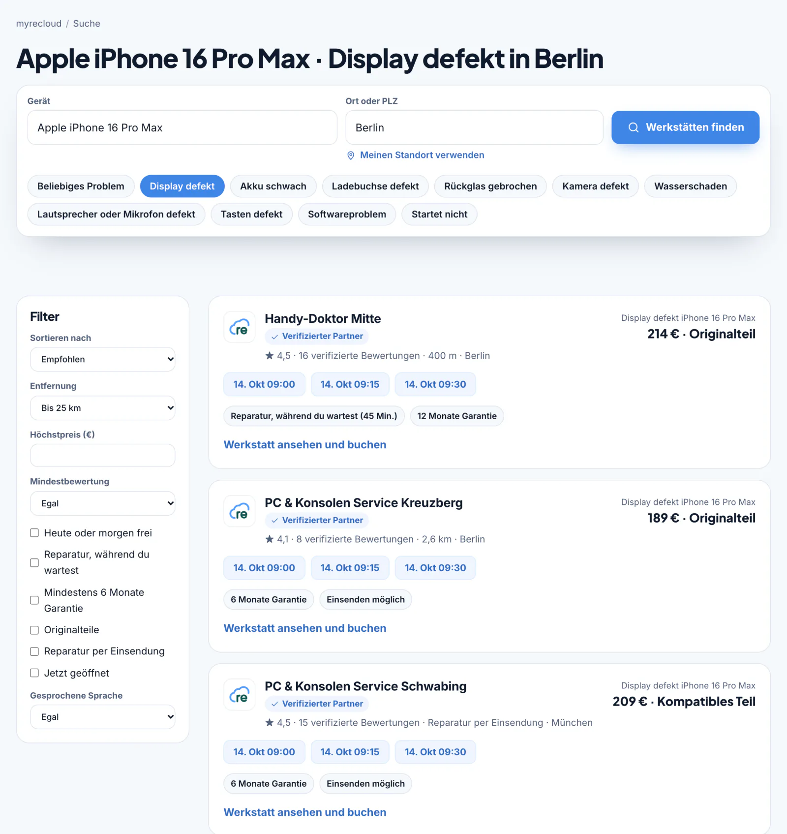 Ergebnisliste mit Filtern, Festpreisen, Bewertungen, Entfernung und freien Terminen