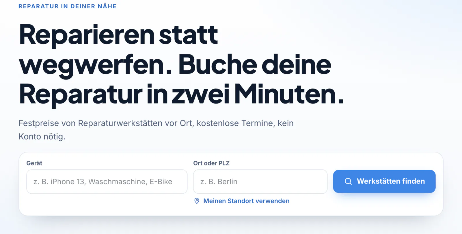 Startseite des Marktplatzes mit Suche nach Gerät und Ort