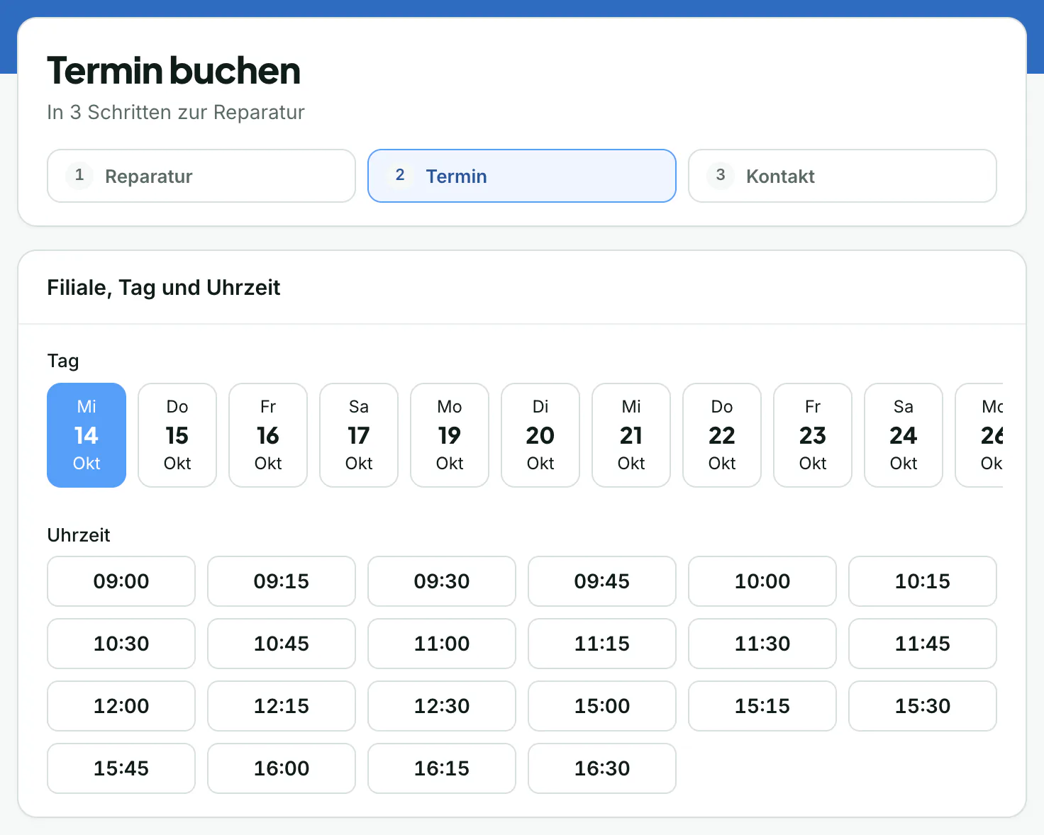 Online-Buchung: Tag und Uhrzeit im Werkstattprofil wählen
