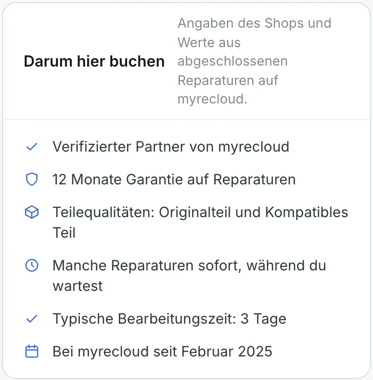 Vertrauens-Panel im Werkstattprofil mit Garantie, Teilequalität und dem Abzeichen „Verifizierter Partner“