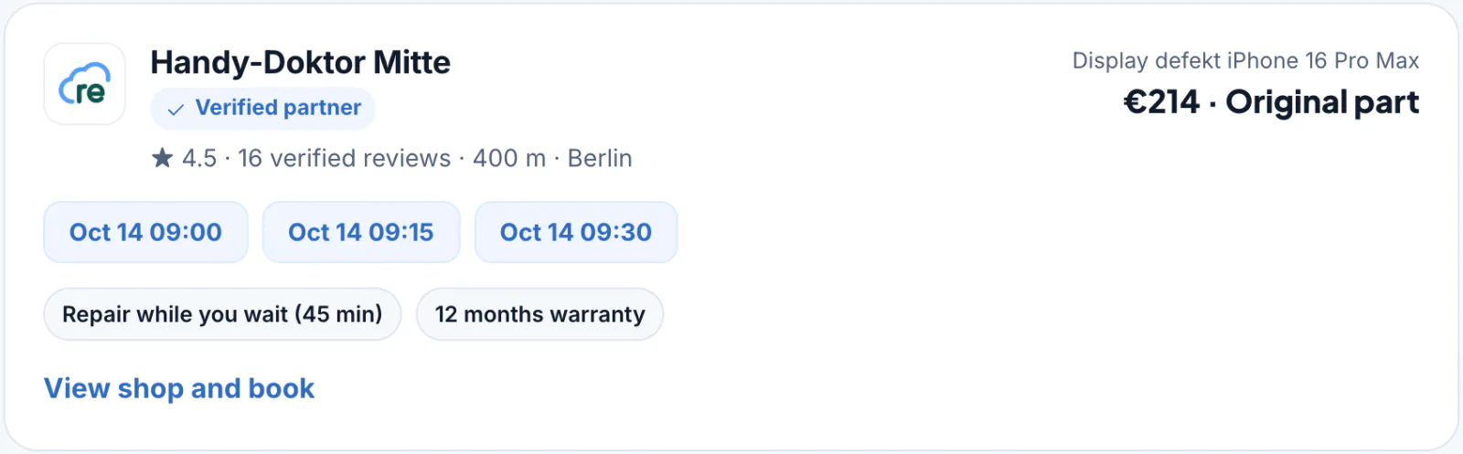 Marketplace search result: repair shop with rating, fixed price, part quality and free slots