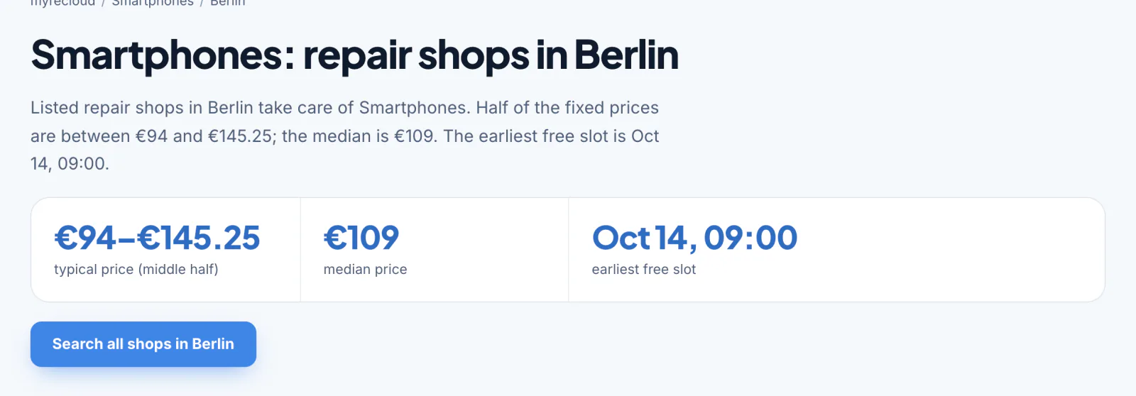 City page with price range, median price and earliest free slot