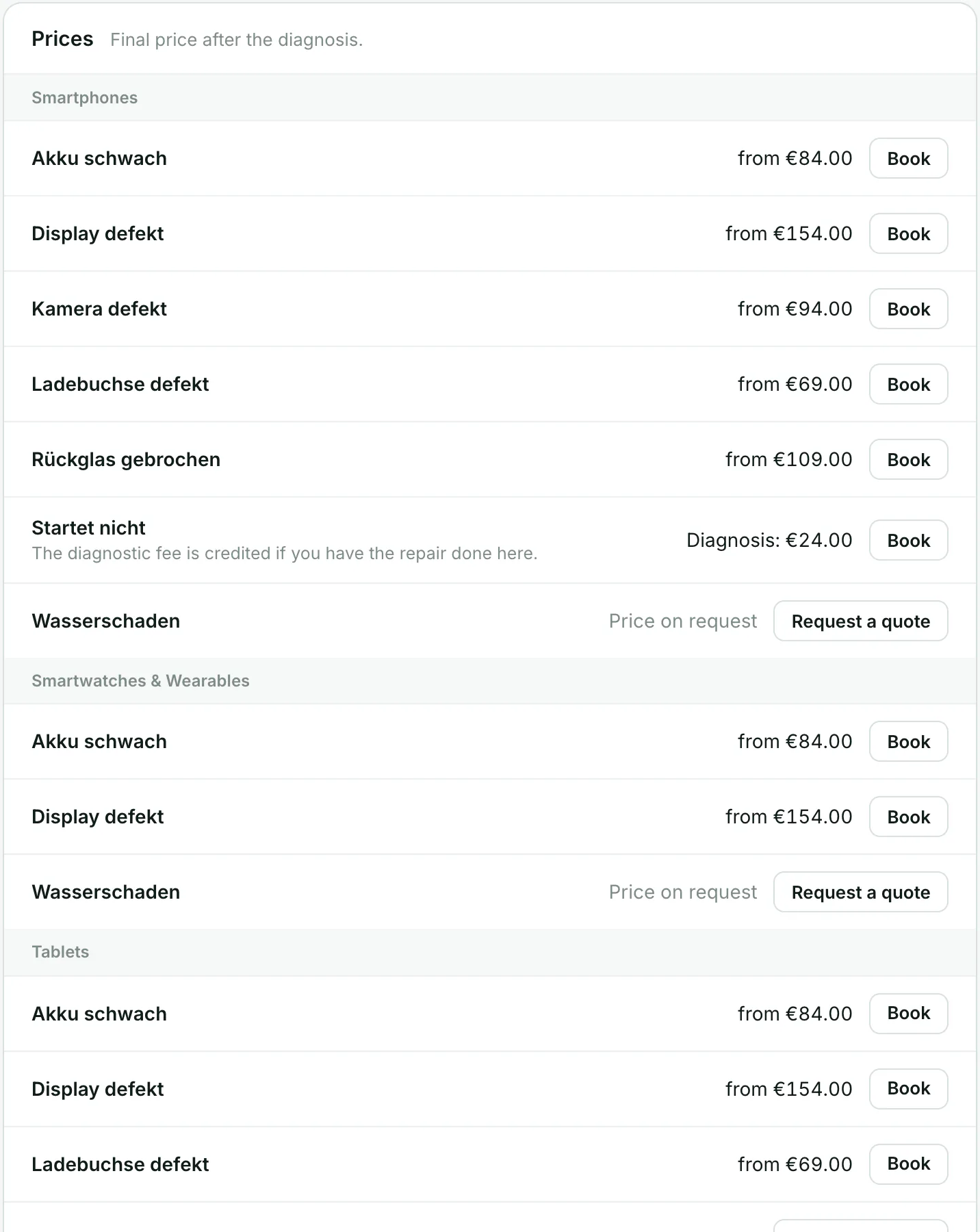Price list on the shop profile with fixed prices and quote requests