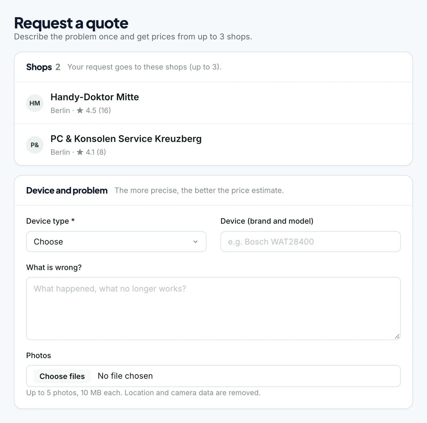 Quote request to up to three shops with photos