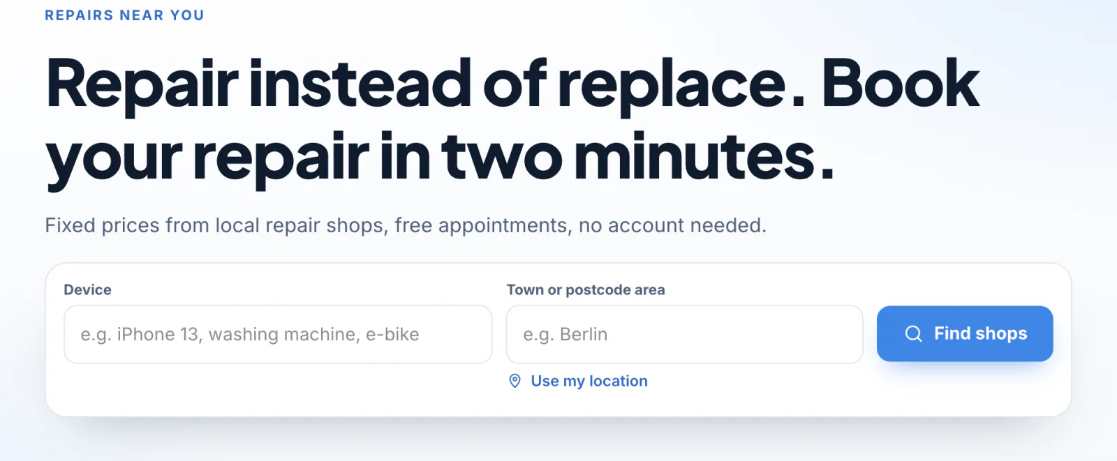 Marketplace home with search by device and place