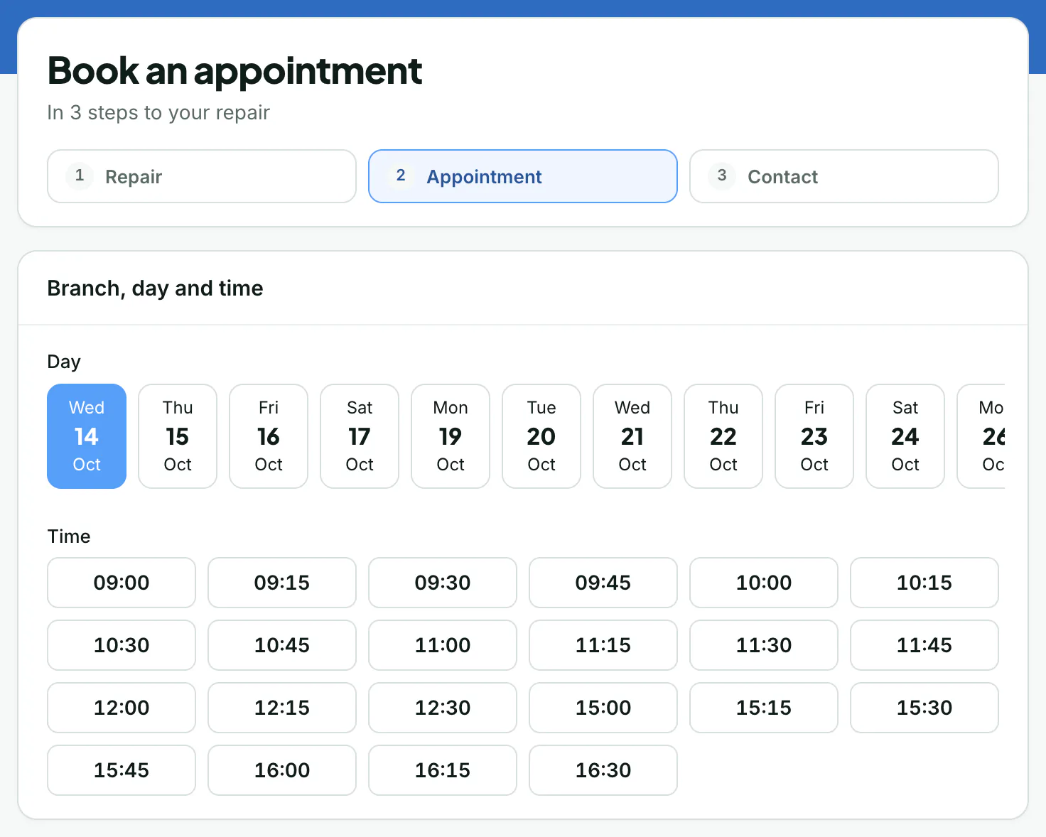 Online booking: picking a day and time on the shop profile