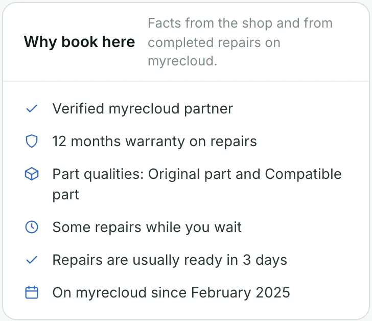 Trust panel on the shop profile with warranty, part quality and the "Verified partner" badge