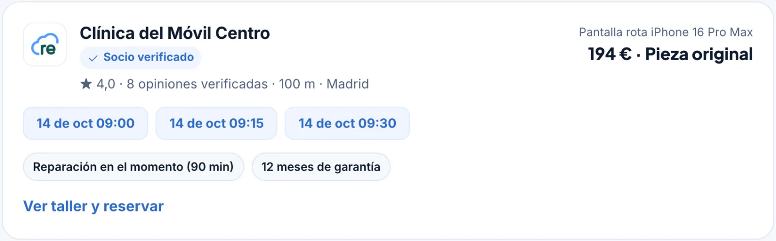 Resultado de búsqueda: taller con valoración, precio fijo, calidad de pieza y huecos libres