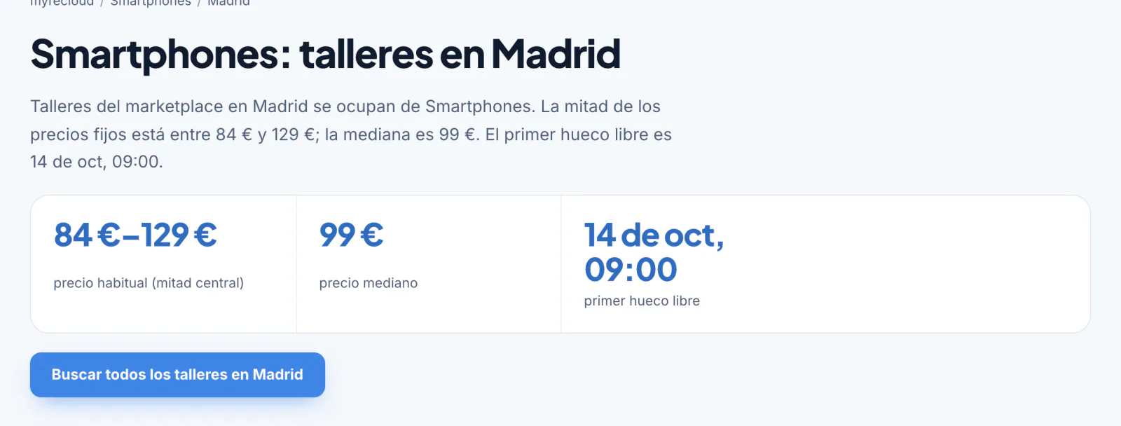 Página de ciudad con rango de precios, precio mediano y primer hueco libre