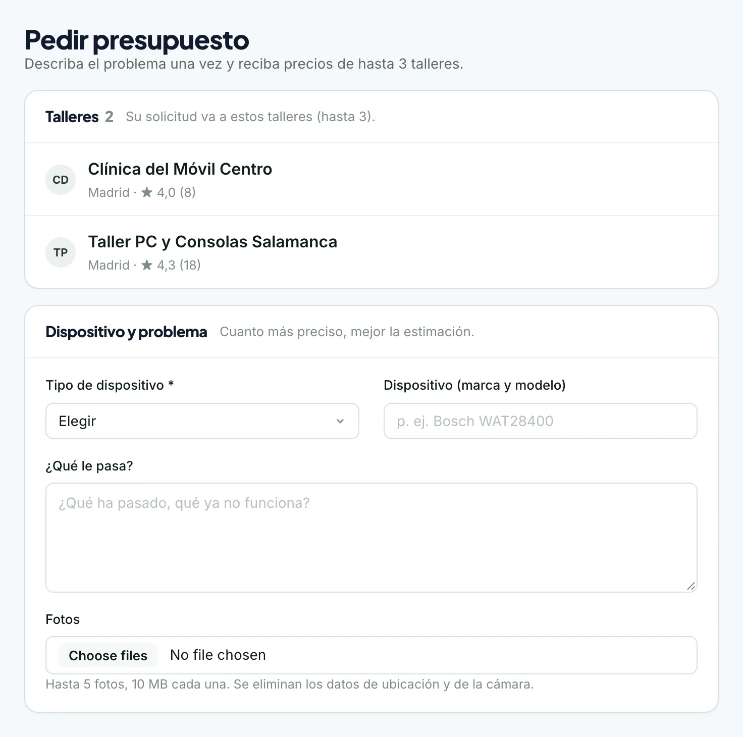 Solicitud de presupuesto a hasta tres talleres, con fotos