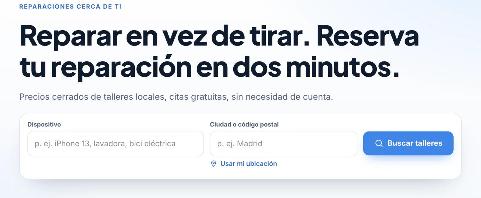 Portada del marketplace con búsqueda por dispositivo y lugar