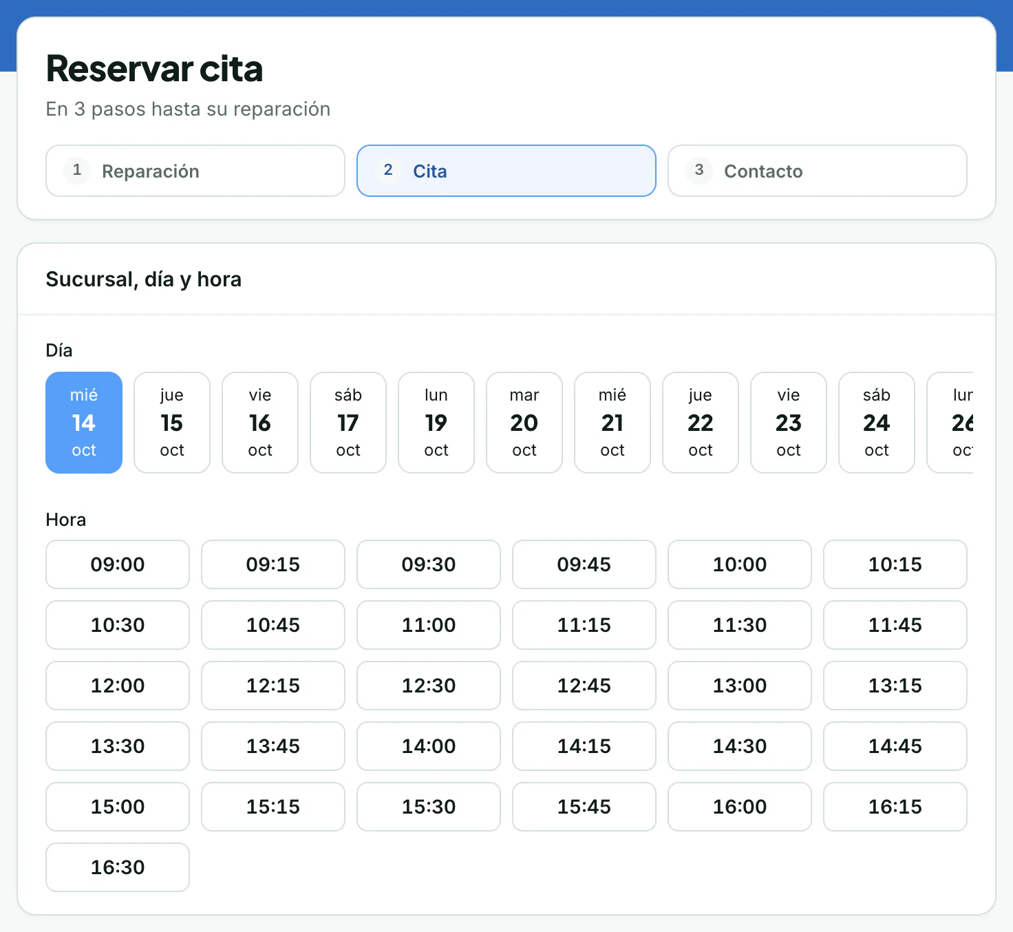 Reserva online: elegir día y hora en el perfil del taller