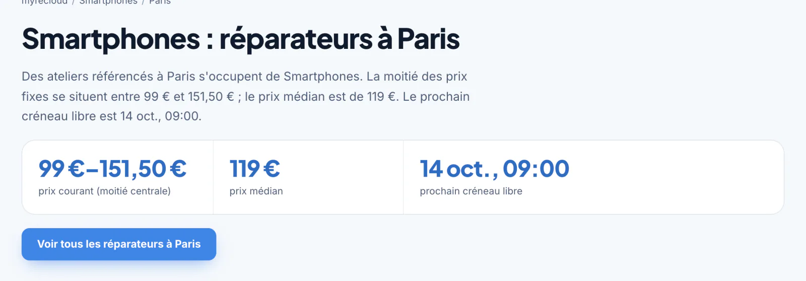 Page ville avec fourchette de prix, prix médian et premier créneau libre