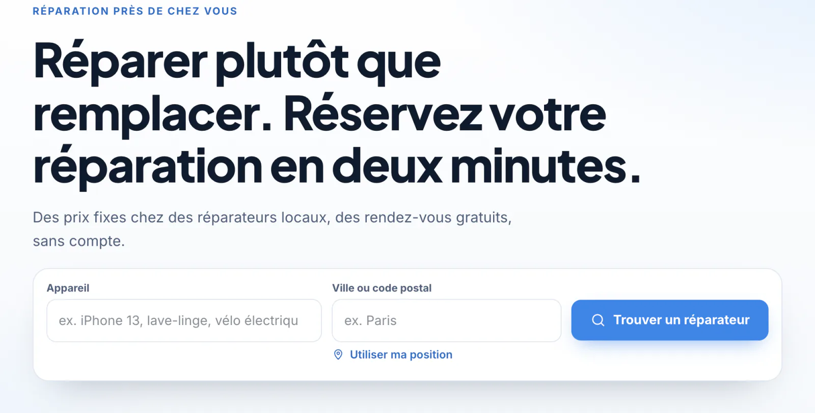 Accueil de la marketplace avec recherche par appareil et lieu