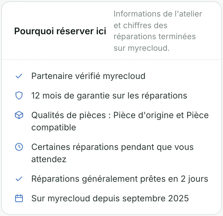 Encadré de confiance du profil avec garantie, qualité des pièces et badge « Partenaire vérifié »