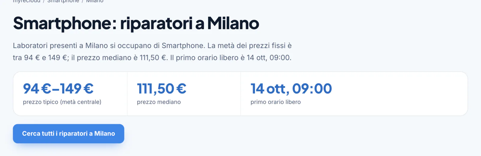 Pagina città con fascia di prezzo, prezzo mediano e primo orario libero