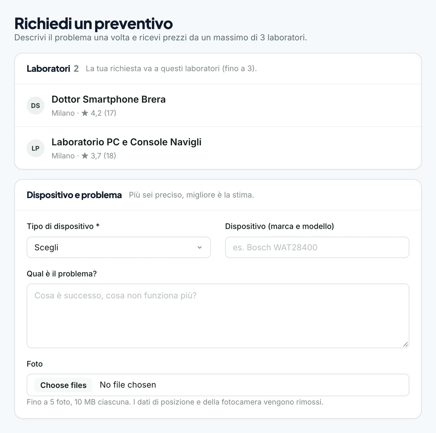 Richiesta di preventivo fino a tre laboratori, con foto