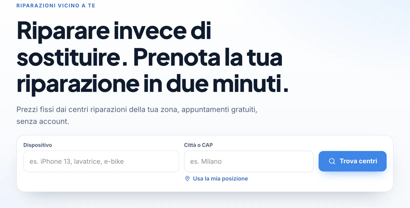 Home del marketplace con ricerca per dispositivo e luogo