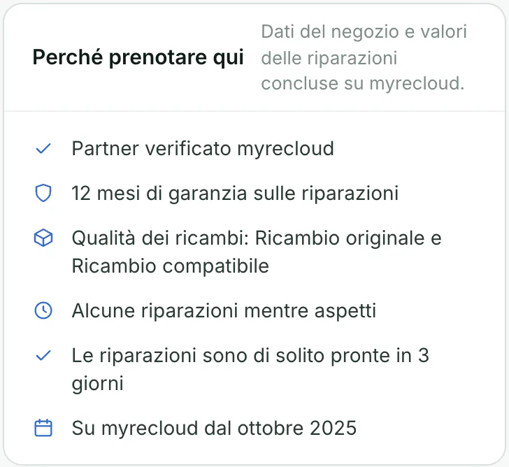 Riquadro fiducia del profilo con garanzia, qualità dei ricambi e badge «Partner verificato»
