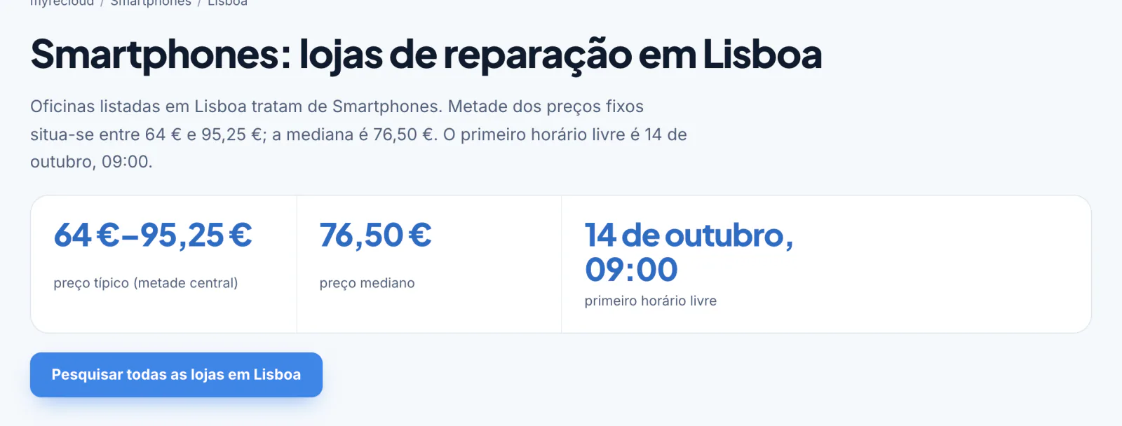 Página de cidade com intervalo de preços, preço mediano e primeiro horário livre