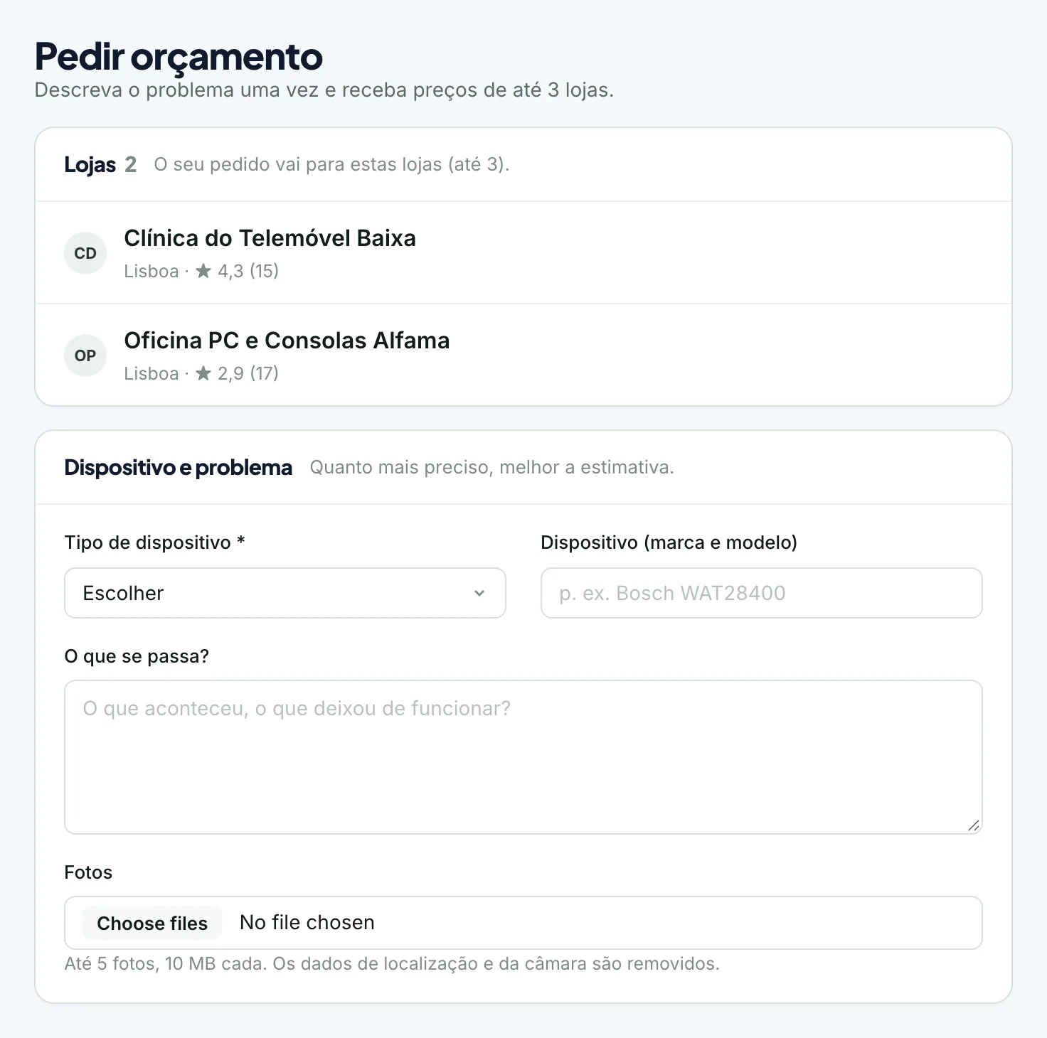 Pedido de orçamento a até três oficinas, com fotos