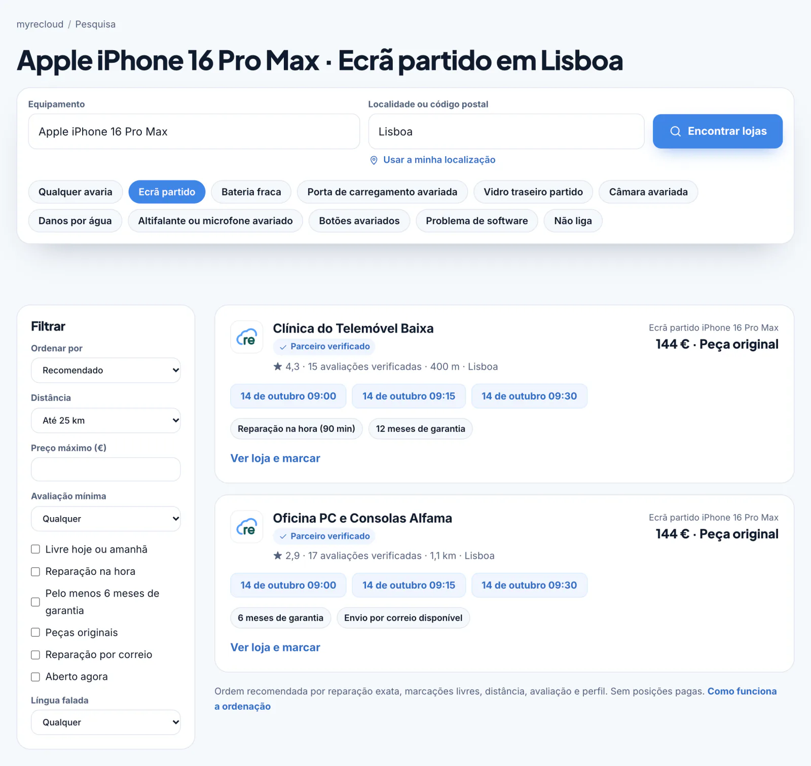 Lista de resultados com filtros, preços fixos, avaliações, distância e horários livres