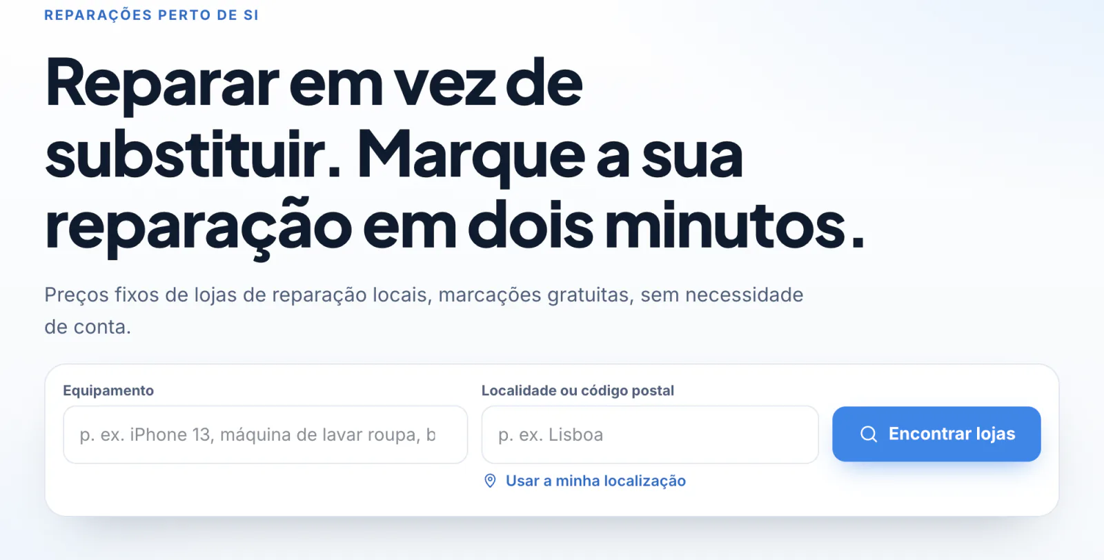 Página inicial do marketplace com pesquisa por equipamento e local