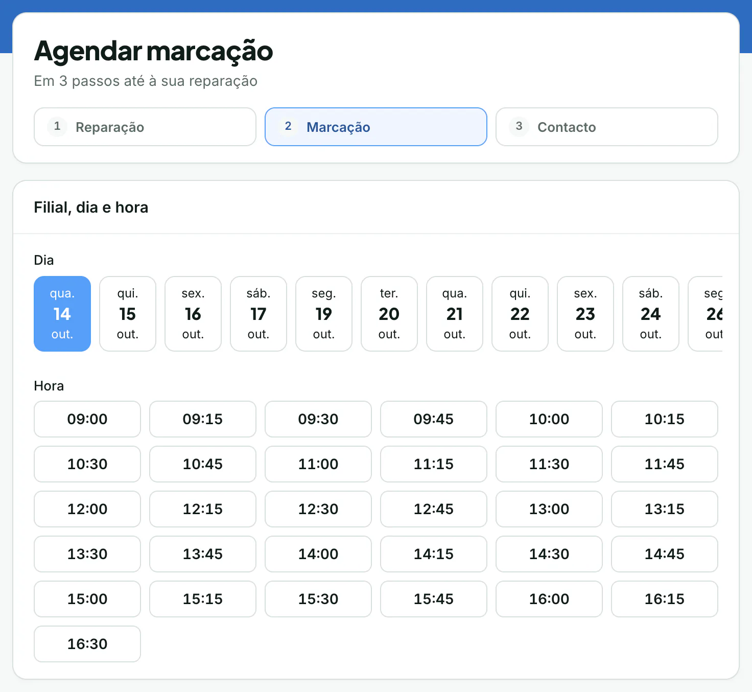 Marcação online: escolher dia e hora no perfil da oficina